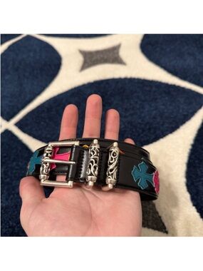Chrome Hearts Roller Belt With Multi Color Cross Patch Leather Strap Size 38 in.